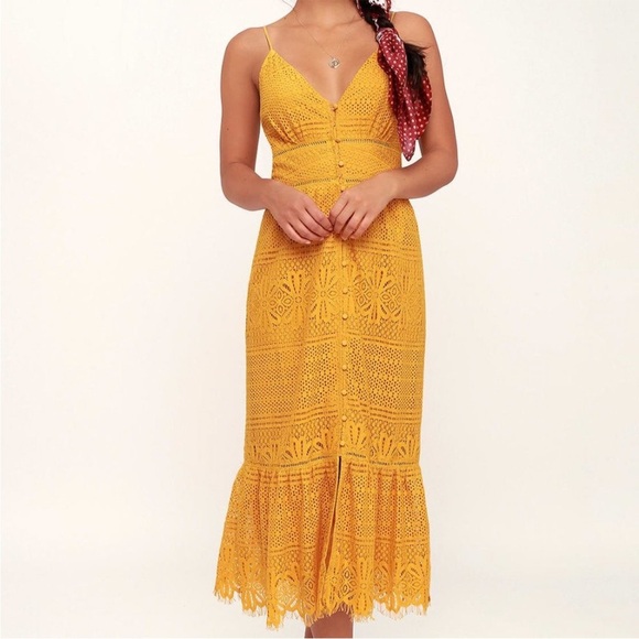 Lulus Robyn Mustard Yellow Lace Button-Up Midi Dress - Picture 1 of 9